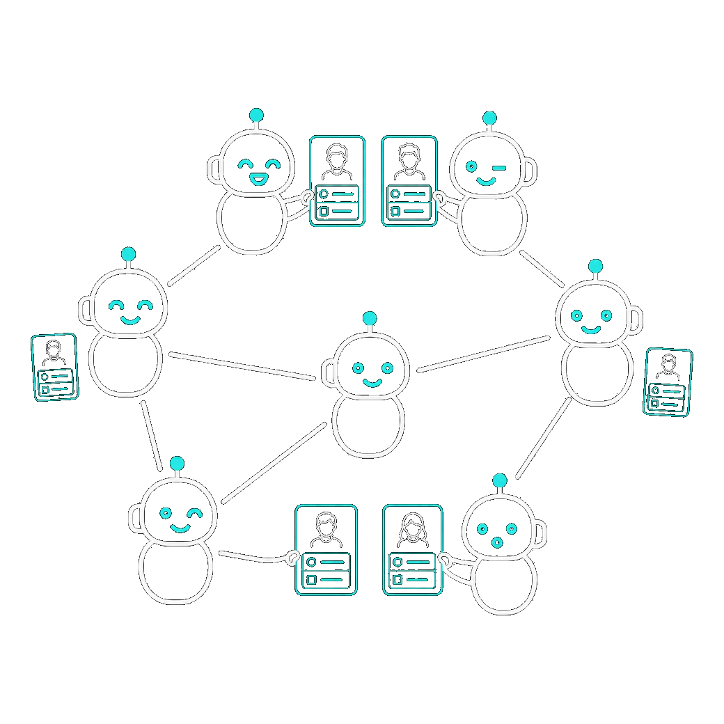 A network of AI agents, each holding up a human cofounder profile card, illustrating Cofound's directory of real people matched through their agents